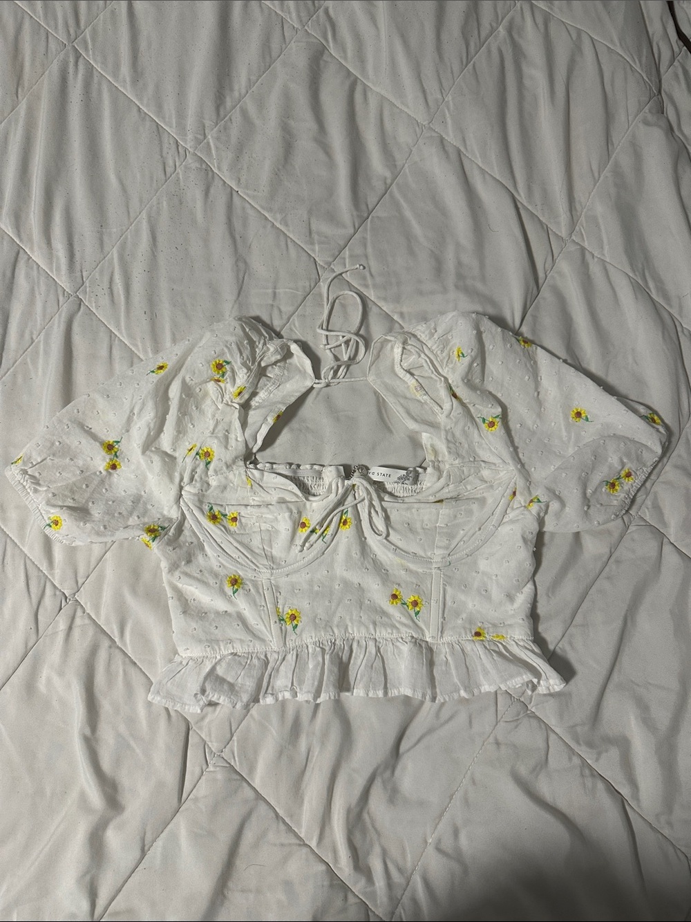 Altar'd State White Eyelet Crop Top with Yellow Floral Embroidery